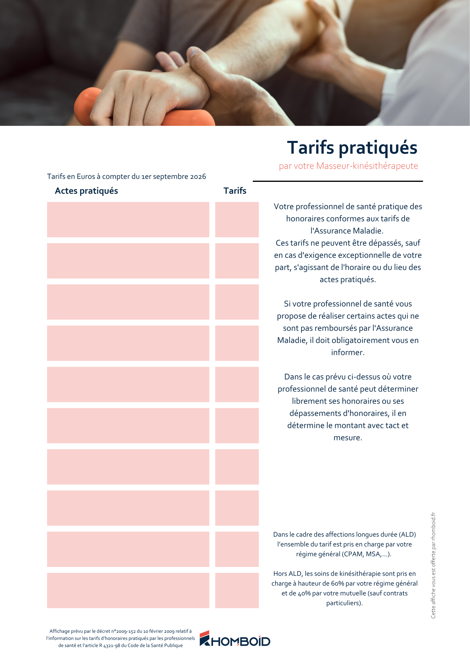 Affiches de cabinet tarifs NGAP kiné 2026 : PDF à télécharger